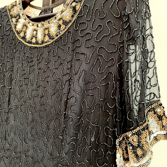 Vintage Beaded Cocktail Dress, 100% Black Silk, Beads & Sequins,by L Kazar,NY,2X - Picture 8 of 14